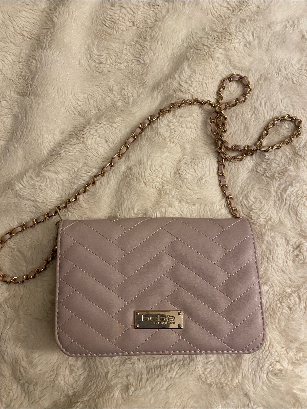 bebe Quilted Crossbody Bag in Mauve with Gold Chain